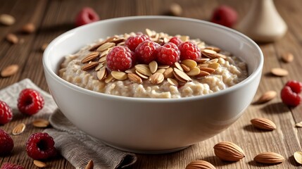 delicious oatmeal with raspberries and almond slices 