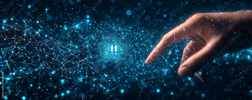 Poster hand touching a digital network interface with light nodes and data points