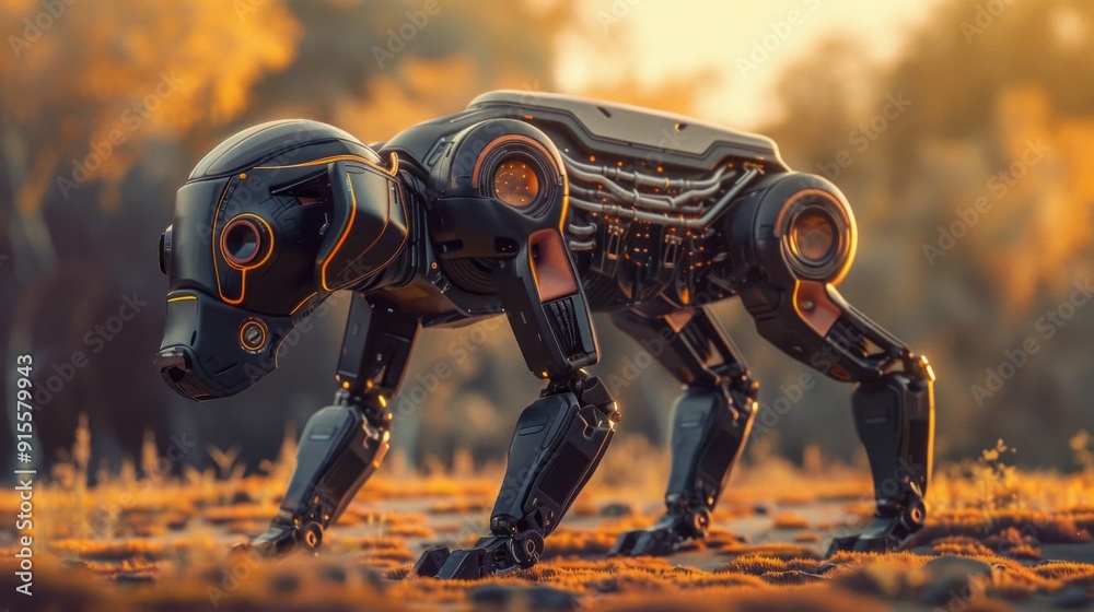 Poster a robot dog is walking on a field with orange grass