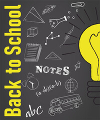 Welcome Back to School Poster. Yellow lamp with school blackboard background and flat style drawings and doodle. Vector illustration. Banner for school	