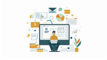 Businessman Working on Laptop with Charts and Emails