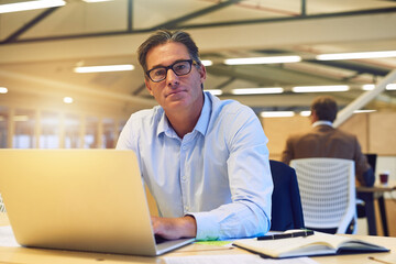 Obraz premium Businessman, portrait and laptop as worker, employee and accountant in finance company. Male person, technology and manager with email, project and portfolio for tax review, development and corporate