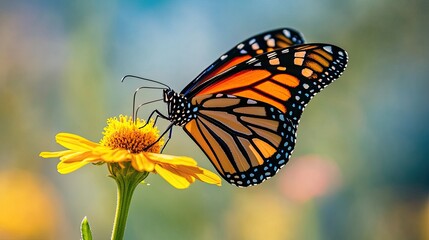 Fototapeta premium A close-up of a vibrant monarch butterfly perched on a bright yellow flower, with its wings fully spread, against a blurred garden background.