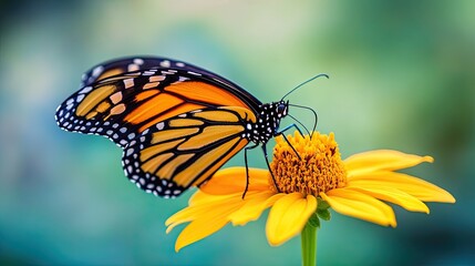 Obraz premium A close-up of a vibrant monarch butterfly perched on a bright yellow flower, with its wings fully spread, against a blurred garden background.