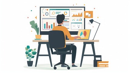 Fototapeta premium Businessman Working on Data Analysis and Charts on Laptop and Desktop