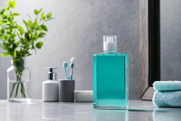 A clear teal mouthwash bottle on the bathroom counter, surrounded by dental supplies and fresh green plants in vases.