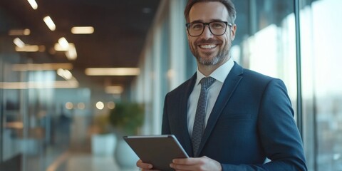 Fototapeta premium A businessman holding a tablet, great for corporate or office use