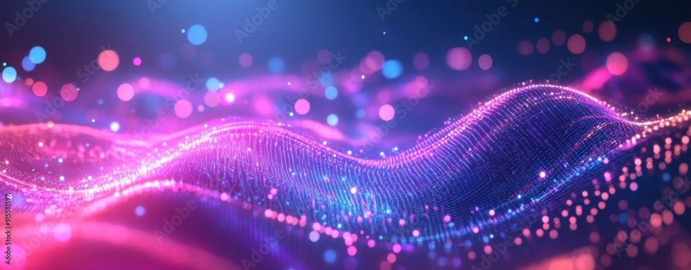 Wall mural abstract digital wave with glowing dots and lines on a dark background