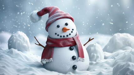 Fototapeta premium Snowman with Red and White Hat and Scarf