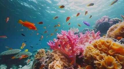 Naklejka premium A vibrant coral reef with various species of colorful fish.