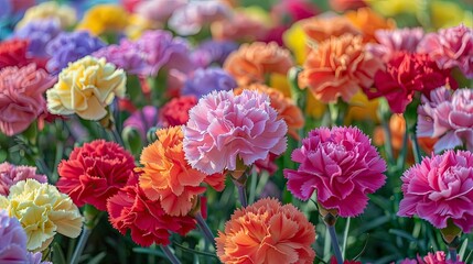 Obraz premium A vibrant field of colorful carnations, their ruffled, layered petals in a variety of hues, creating a visually striking and elegant display
