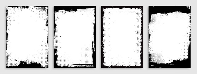Grunge frame set with overlay paint brush stroke and halftone for photo collage, fashion post and social media business banner. Vintage frame pattern or comic border layout with watercolor texture art