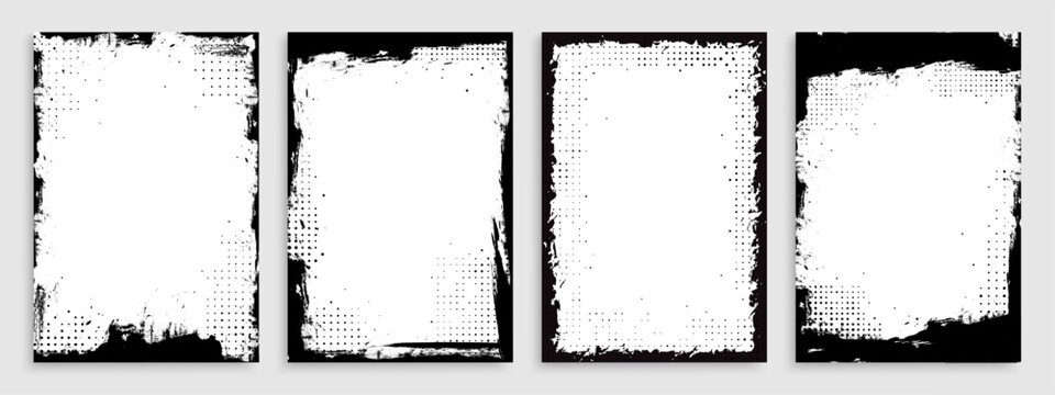 Grunge frame set with overlay paint brush stroke and halftone for photo collage, fashion post and social media business banner. Vintage frame pattern or comic border layout with watercolor texture art