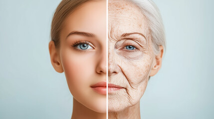 Half of the face is young and smooth, half of the face is shabby and wrinkled. Comparison of young and old face. Before and after concept. Aging and rejuvenation process