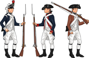 Set of Three American Soldiers in Uniforms of Various Regiments from American Revolutionary War Holding Muskets or Rifles, Illustration Isolated on White Background, EPS 10 Vector