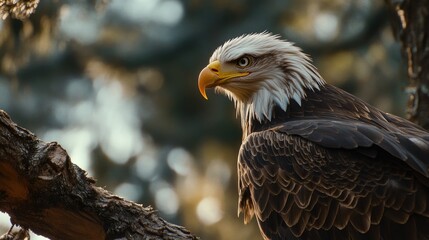 Obraz premium Close-up of a bald eagle perched on a tree branch, its sharp eyes scanning the landscape below.
