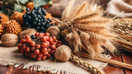 Obraz premium harvest and Thanksgiving autumn background, featuring Cereal grains wheat with copy space
