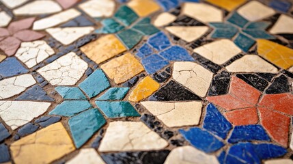 Obraz premium Close-up of an intricate mosaic tile pattern with geometric shapes in vibrant colors, reflecting traditional craftsmanship. Symmetrical design with a focus on texture and detail.