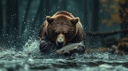 Obraz premium Dramatic shot of a bear emerging from the water with a salmon, droplets flying, and the forest in the background, capturing the essence of survival.