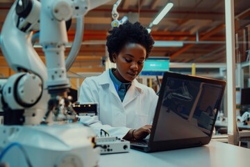 Engineer using laptop with robot in advanced research lab.