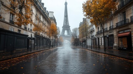 Fototapeta premium Empty streets of Paris with the Eiffel Tower in the background, devoid of tourists, creating an unusual and eerie atmosphere.