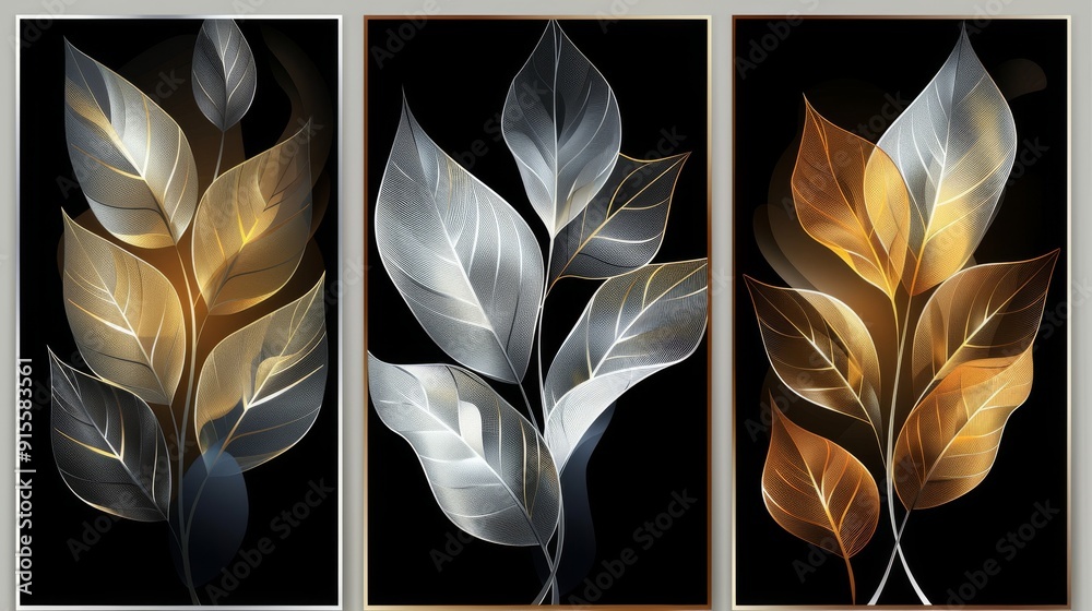 Wall mural The three abstract botanical wall art panels are adorned with elegant gold and silver leaves