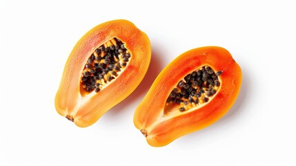 Freshly sliced papaya halves showcasing vibrant orange flesh and black seeds, isolated on a pure white background. The fruit's texture is vividly detailed