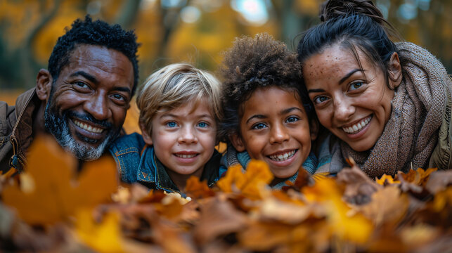 Happy family smiling together during autumn in a park with vibrant fall leaves