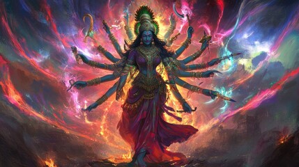 Majestic portrayal of Goddess Kali in vibrant colors, with her many arms holding weapons, standing on a battlefield, surrounded by auras of power.