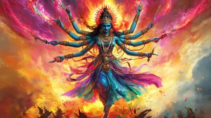 Majestic portrayal of Goddess Kali in vibrant colors, with her many arms holding weapons, standing on a battlefield, surrounded by auras of power.