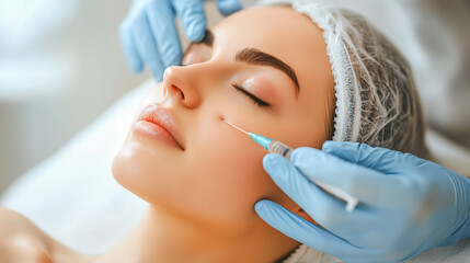 Naklejka premium Beauty injection in the cheekbone. The cosmetologist holds a syringe with filler near the cheekbone. Cosmetic procedures in the salon, aesthetic cosmetology and facial care.