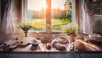 A cozy kitchen scene with golden sunlight streaming through sheer white drapes. Flour, eggs, and wildflowers create a rustic charm, while bowls and cutting boards invite baking creativity and warmth.