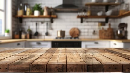 Blurred kitchen furniture as background for table top
