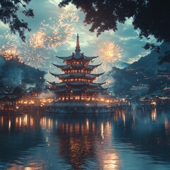 Fototapeta premium Festival with Fireworks and Traditional Architecture