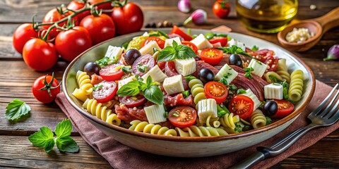 Vibrant Italian pasta salad featuring cucumbers, cherry tomatoes, Kalamata olives, thinly sliced red onion, crispy salami, and crumbled feta cheese, served on a rustic wooden table.