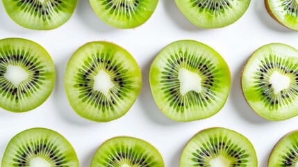 Fototapeta premium Kiwi fruit halves and slices, showcasing the vibrant green flesh and tiny black seeds. Set against a crisp white background for contrast