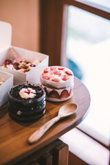 a treat of sweet delicious doughnut in sunny day at the cake shop