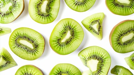 Fototapeta premium Kiwi halves with a few slices artfully scattered, focusing on the intricate details of the fruit's texture. Set against a pure white background for a fresh look