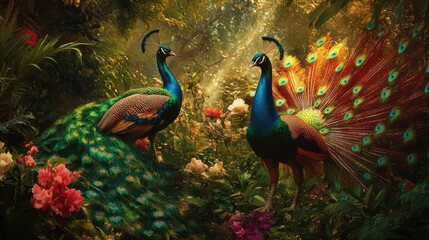 Two peacocks displaying their vibrant feathers in a lush garden, with one in full display and the other calmly watching. © sarun