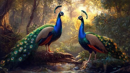 Obraz premium Two peacocks in a forest clearing, one perched on a branch and the other on the ground, both showcasing their vibrant plumage.