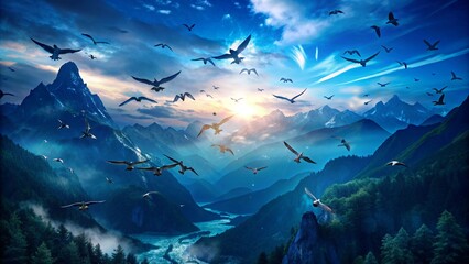 Fototapeta premium Birds Flying Over Majestic Mountains