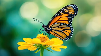 Obraz premium A close-up of a vibrant monarch butterfly perched on a bright yellow flower, with its wings fully spread, against a blurred garden background.