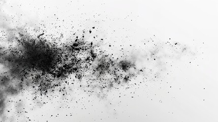 The dynamic spread of black chalk dust particles, vividly suspended in mid-air on a pure white canvas.