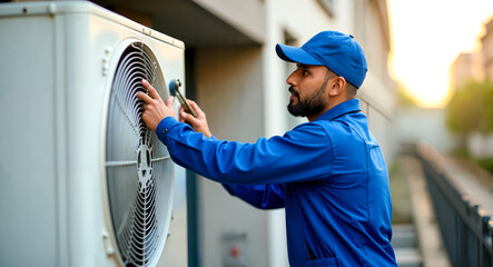 Indian Technician Performing Air Conditioner Maintenance and Installation