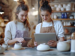 Women examining a tablet, possibly discussing recipes or menu planning