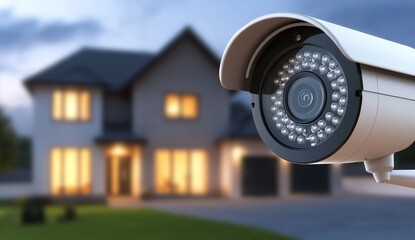 Outdoor security camera mounted on the side wall, overlooking a residential building at night.
