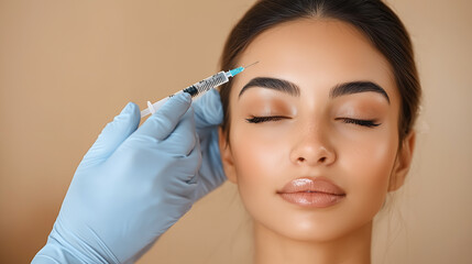 A cosmetologist makes a Botox injection into the forehead area of ​​a young woman on a beige background with copy space. Cosmetic procedure for wrinkles.