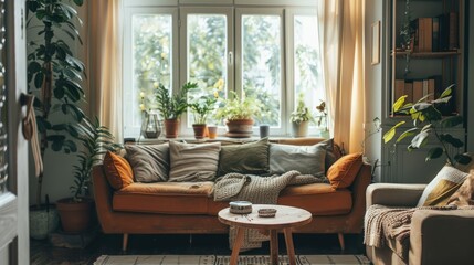 Bright lounge with cozy seating, DIY table, window, and chic decor