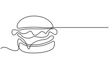 Continuous one line drawing of burger. Single line drawing of hamburger, Silhouette of fast food restaurant burger with cheese, cutlet and salad. Modern design street food logo, banner, Single line.