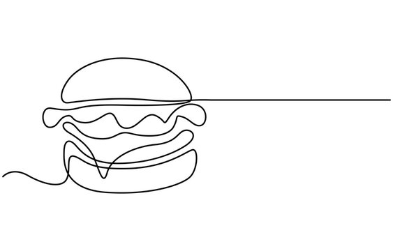 recommend clip art: Continuous one line drawing of burger. Single line drawing of hamburger, Silhouette of fast food restaurant burger with cheese, cutlet and salad. Modern design street food logo, banner, Single line.